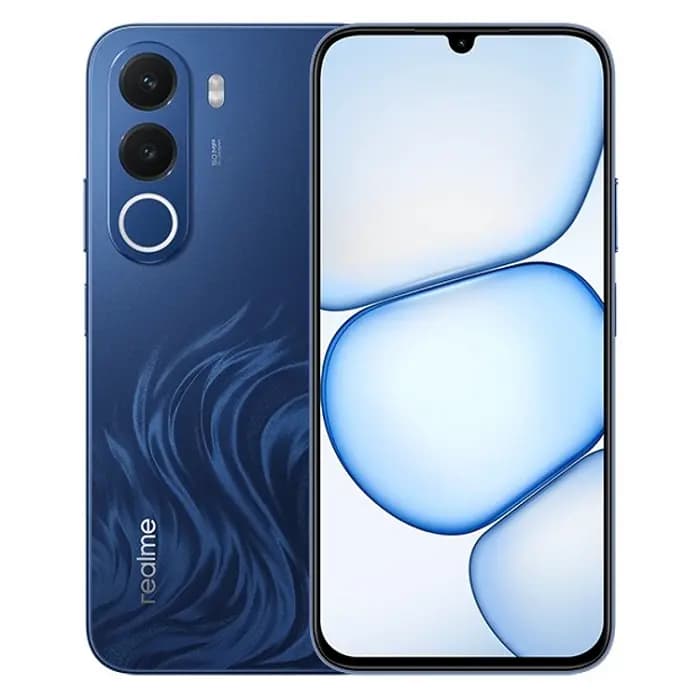 Realme C100x smartphone in blue with dual rear cameras and waterdrop notch display showing blue abstract wallpaper.