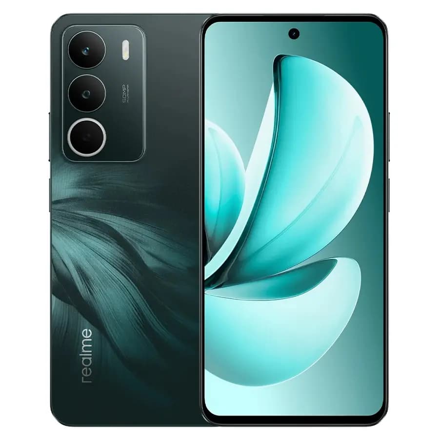 Realme C71 smartphone in dark green with triple rear cameras and a front display showing a blue abstract wallpaper.