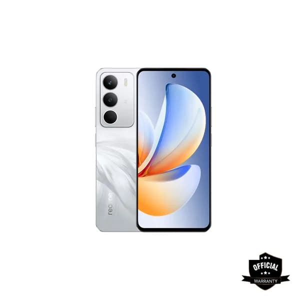 Realme C71 smartphone in silver with triple rear cameras and full-screen display showing blue and orange abstract wallpaper.