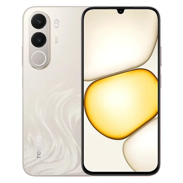 Realme C100x smartphone in pearl white with dual rear cameras and large display with waterdrop notch.